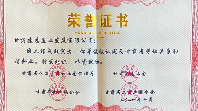 喜報！公司榮獲“甘肅省勞動關(guān)系和諧企業(yè)”榮譽稱號
